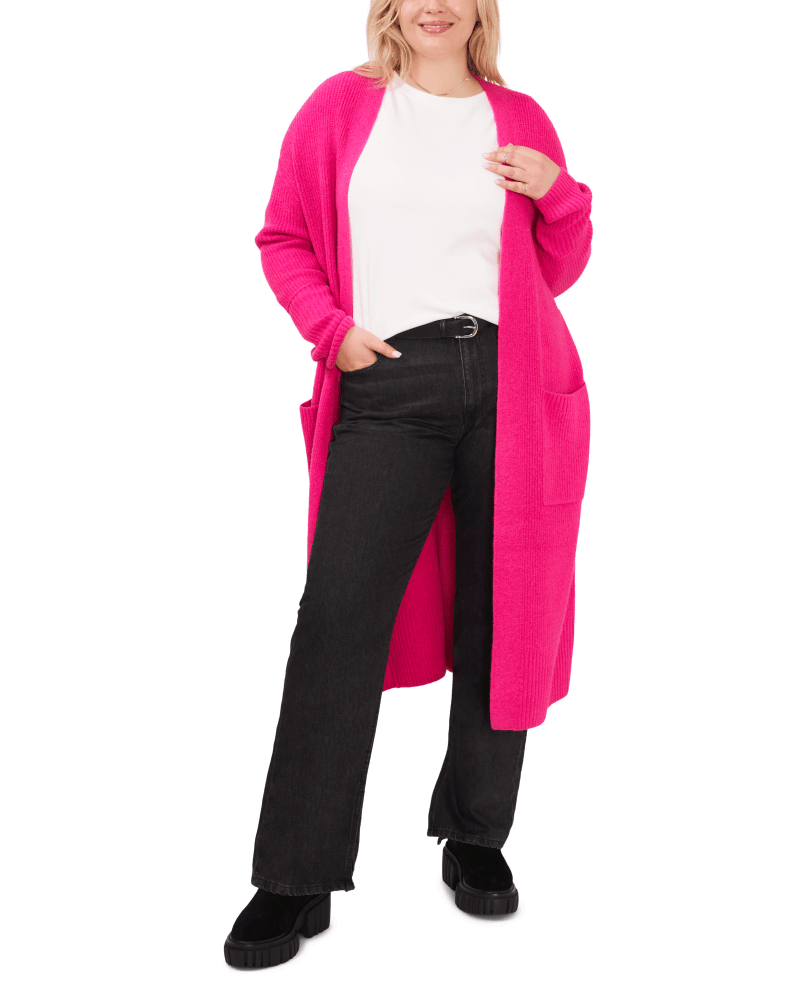 Front of a model wearing a size 1X Maria Cozy Cardigan in BERRY HIBISCUS by Vince Camuto. | dia_product_style_image_id:261176